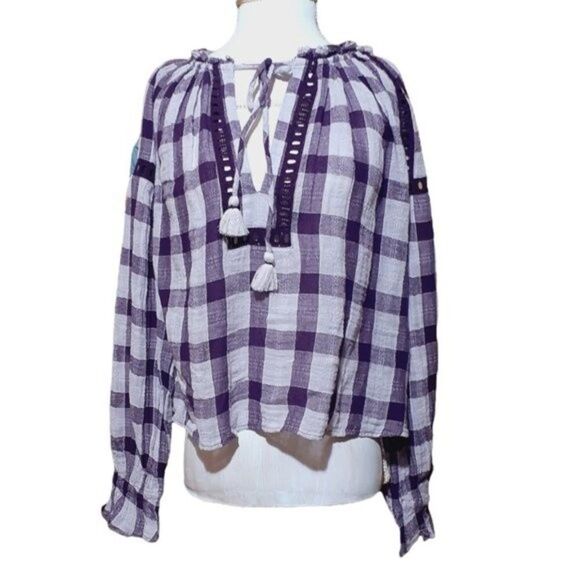 Free People Honey Grove Plaid Purple Plum Long Sleeves Tassel Boho Peasant Top S - Picture 6 of 9
